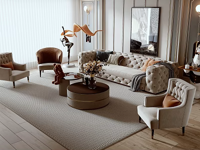 Elegant Tufted Sofa and Coffee Table Set With Accent Chairs Textured Rug and Floral Decor 3d model