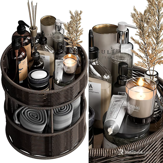 Elegant Bathroom Accessories Arrangement With Wicker Basket Bottles Candles And Rolled Towels 3d model 
