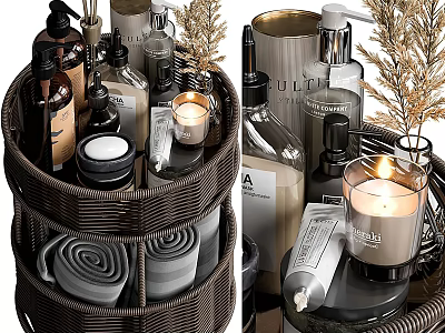Elegant Bathroom Accessories Arrangement With Wicker Basket Bottles Candles And Rolled Towels 3d model