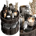 Elegant Bathroom Accessories Arrangement With Wicker Basket Bottles Candles And Rolled Towels