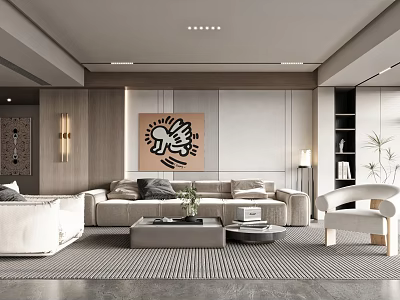 Elegant Modern Living Room Interior With Beige Sofa White Armchair Coffee Table Rug And Artwork 3d model