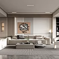 Elegant Modern Living Room Interior With Beige Sofa White Armchair Coffee Table Rug And Artwork