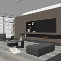 Modern Living Room Interior With Wall Unit TV Fireplace Armchair Coffee Table And Plant