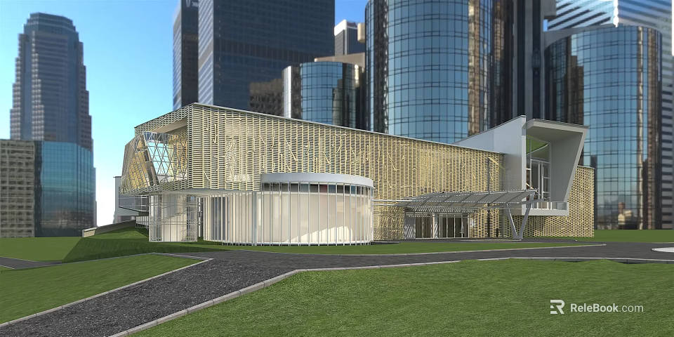 Unique Grid Patterned Exterior Modern Museum Building with Front Lawn Near High Rise Buildings 3d model 