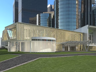 Unique Grid Patterned Exterior Modern Museum Building with Front Lawn Near High Rise Buildings 3d model