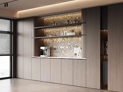 Modern Wooden Sideboard With Open Shelves Decorative Items And Coffee Machine 3d model