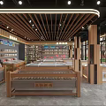 Modern Supermarket Department Store Interior With Display Counters Shelves And Wooden Ceiling Lighting