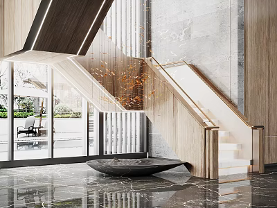 Modern Staircase Design With Wooden Steps Glass Railing And Elegant Marble Floor 3d model