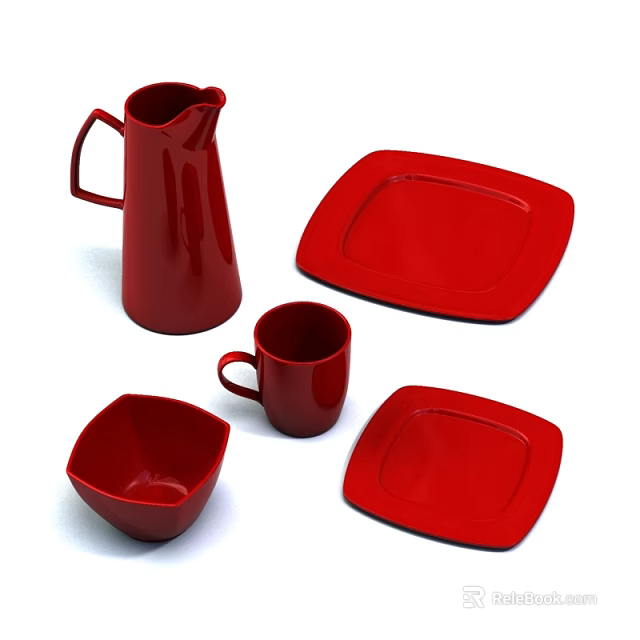 Red Dinnerware Set Including Pitcher Two Square Plates Mug And Square Bowl 3d model 