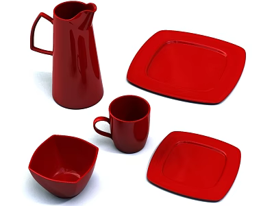 Red Dinnerware Set Including Pitcher Two Square Plates Mug And Square Bowl 3d model