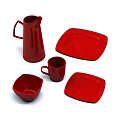 Red Dinnerware Set Including Pitcher Two Square Plates Mug And Square Bowl