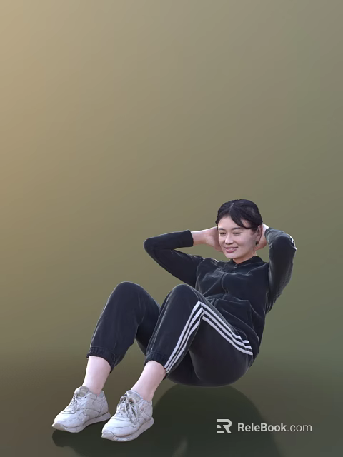 Woman In Black Sportswear With White Stripes Stretching On Floor Against Green Background 3d model 