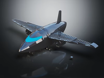 Black Building Blocks Airplane Model With Blue Accents And Detailed Grid Wings Plus Small Block 3d model