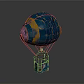 Vibrant Blue Yellow Pink Hot Air Balloon With Decorative Patterns And Red Basket
