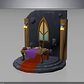 Medieval Wooden Furniture Table With Arched Window Red Carpet Stone Steps And Wall Lanterns