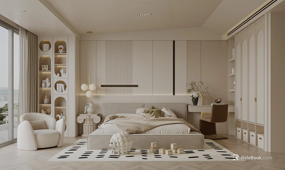 Cozy Modern Kids' Room Interior Design With Soft Bed Bookshelf And Playful Rug 3d model 