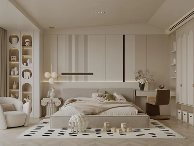 Cozy Modern Kids' Room Interior Design With Soft Bed Bookshelf And Playful Rug 3d model