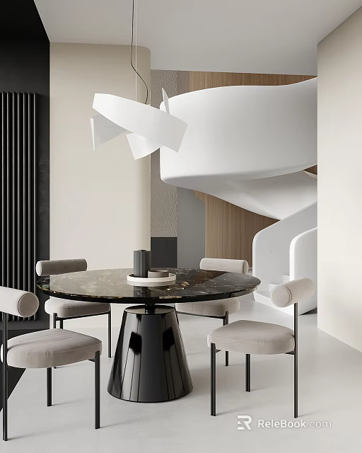 Modern Restaurant Interior With Round Black Marble Dining Table Beige Chairs And White Spiral Staircase 3d model 