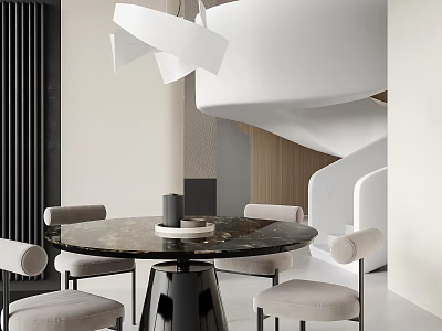 Modern Restaurant Interior With Round Black Marble Dining Table Beige Chairs And White Spiral Staircase 3d model