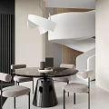 Modern Restaurant Interior With Round Black Marble Dining Table Beige Chairs And White Spiral Staircase
