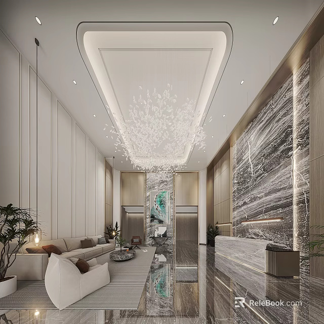 Elegant Modern Hotel Lobby Interior Design With Crystal Chandelier Sofa And Marble Wall Front Desk 3d model 
