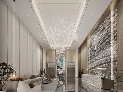 Elegant Modern Hotel Lobby Interior Design With Crystal Chandelier Sofa And Marble Wall Front Desk 3d model