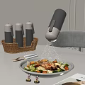 Kitchen Counter With Spice Containers In Basket Salad Being Sprinkled With Salt And Utensils