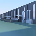 Industrial Equipment in Factory with Pipes Gray Walls and Blue Structural Components