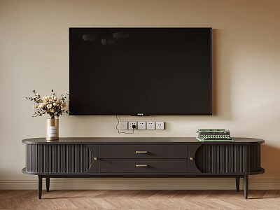 Modern Gray TV Stand With Drawers Cabinets Vase Flowers And Books Below Wall TV 3d model