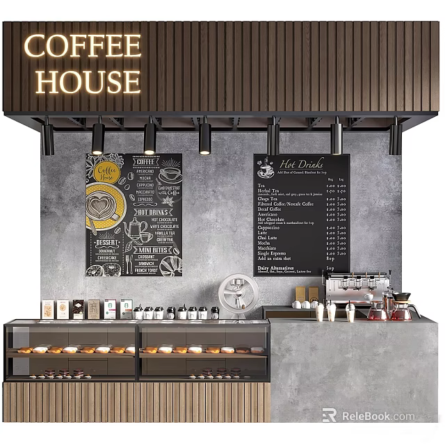 Coffee House Bar Interior With Menu Boards Coffee Machine And Display Cabinets 3d model 