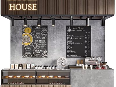 Coffee House Bar Interior With Menu Boards Coffee Machine And Display Cabinets 3d model