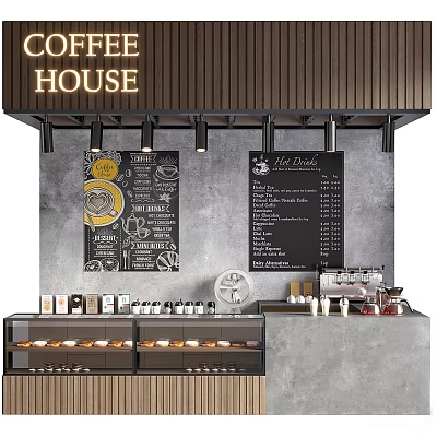 Coffee House Bar Interior With Menu Boards Coffee Machine And Display Cabinets 3d model