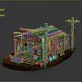 European Style Blacksmith Shop Building With Green Roof Wooden Crates And Power Poles