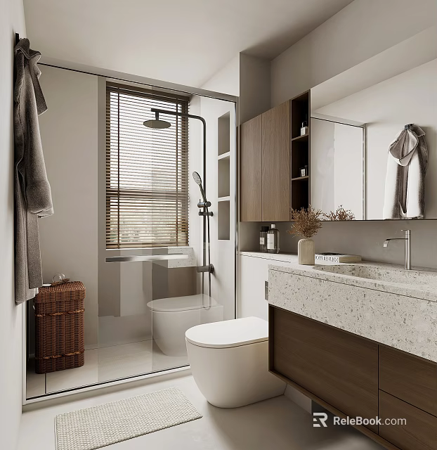 Modern Bathroom Interior With Glass Shower Toilet Stone Vanity Mirror And Wooden Cabinets 3d model 