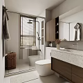 Modern Bathroom Interior With Glass Shower Toilet Stone Vanity Mirror And Wooden Cabinets