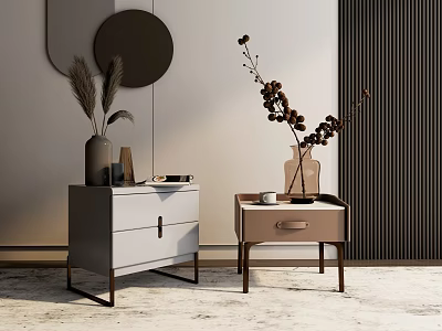 Gray And Beige Bedside Nightstands With Drawers Decorative Vase And Branches 3d model