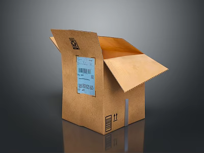 Open Brown Cardboard Box With Blue Label For Daily Household Supplies 3d model