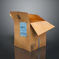 Open Brown Cardboard Box With Blue Label For Daily Household Supplies