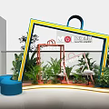 Commercial Display Installation With Shopping Bag Frame Green Plants Swing And Blue Seat