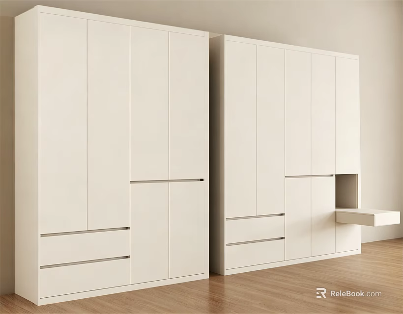Modern White Wardrobe With Sleek Cabinet Doors And Drawers In Bright Room With Wooden Floor 3d model 