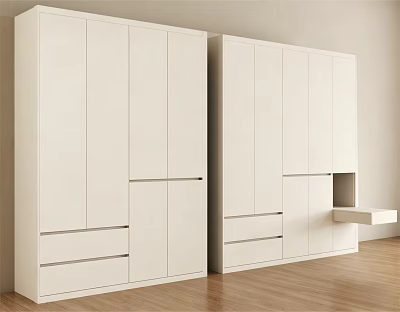 Modern White Wardrobe With Sleek Cabinet Doors And Drawers In Bright Room With Wooden Floor 3d model