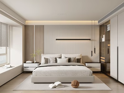 Modern Bedroom Interior With Comfortable Bed Wooden Nightstands Wardrobe Pendant Lighting And Area Rug 3d model