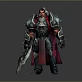 Fierce Game Movie Character in Spiked Metal Armor with Red Cape and Giant Sword