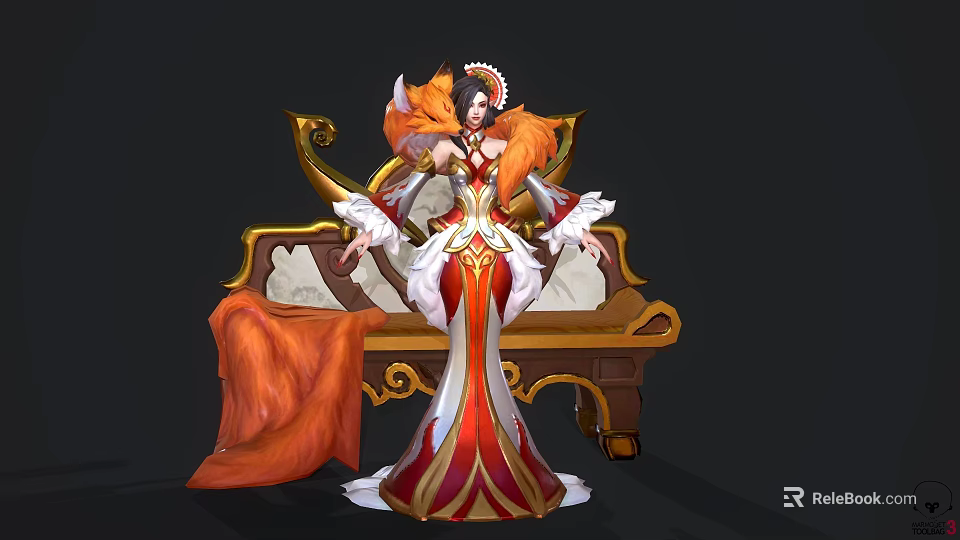 Elegant Game Movie Character With Fox Features Red White Gold Outfit On Ornate Bench 3d model 