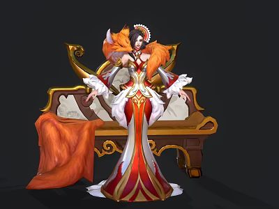 Elegant Game Movie Character With Fox Features Red White Gold Outfit On Ornate Bench 3d model