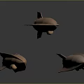 Three Shiny Golden Rocket Models With White Bases On Dark Background