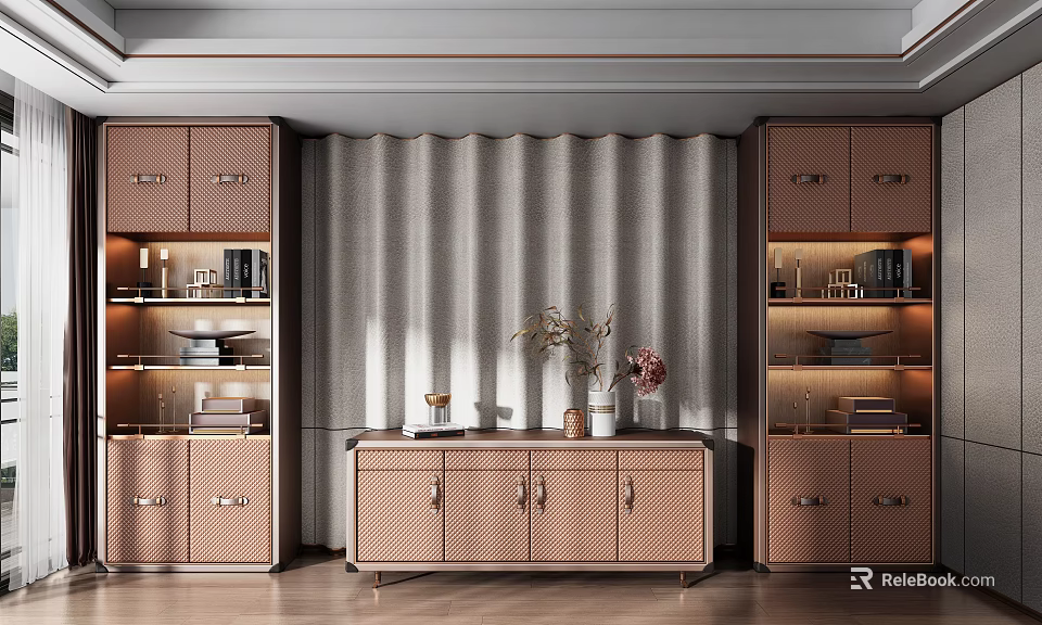 Elegant Beige Storage Cabinet in Modern Living Room with Drawers Open Shelves and Decorative Items 3d model 