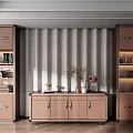 Elegant Beige Storage Cabinet in Modern Living Room with Drawers Open Shelves and Decorative Items