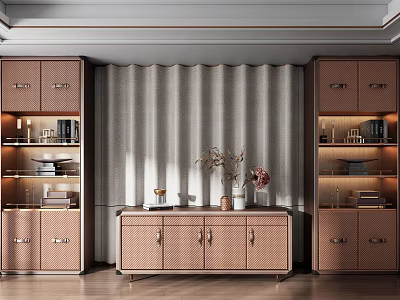 Elegant Beige Storage Cabinet in Modern Living Room with Drawers Open Shelves and Decorative Items 3d model