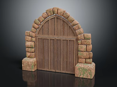Rustic Wooden Arch Door Furniture With Stone Frame And Paneled Design 3d model